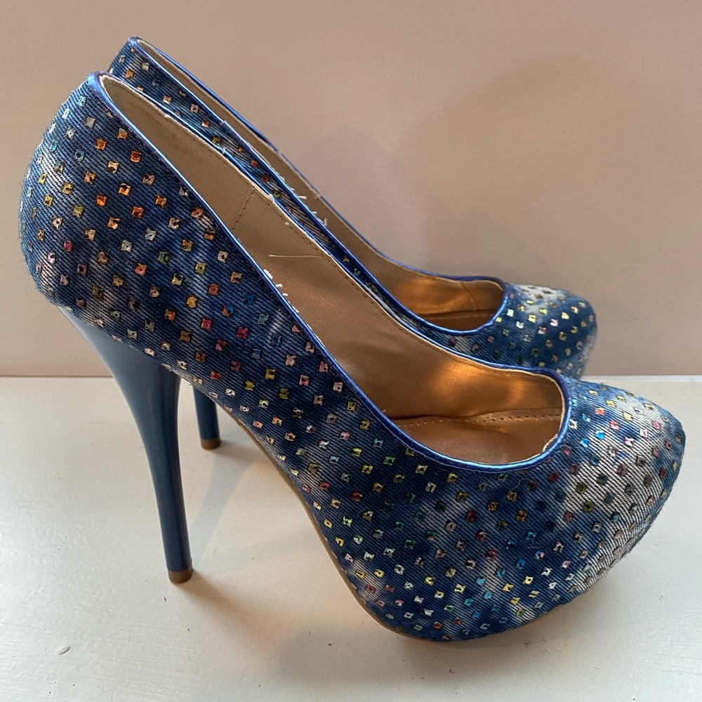 Kayleen Los Angeles tie dye denim pattern heels